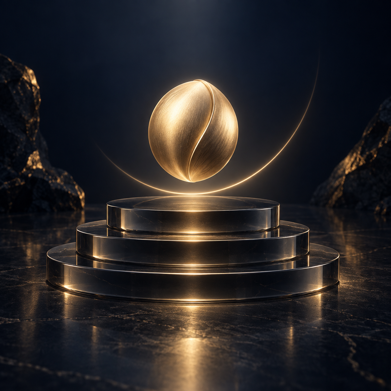 A gold seed above glass foundations, symbolizing a new stage of business growth