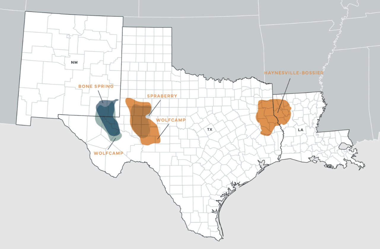 Map of Texas highlighting regions with labels for Bone Spring, Spraberry, Wolfcamp, Haynesville-Bossier, and Wolfcamp.