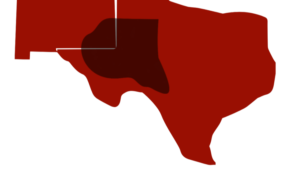 A map of Texas in different shades of red showing the permian basin.