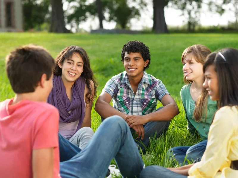 a group of teens sitting in the grass