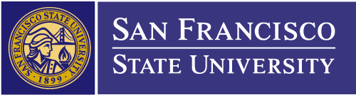 San Francisco State University logo with a blue background, featuring a circular emblem with a figure and text around it.