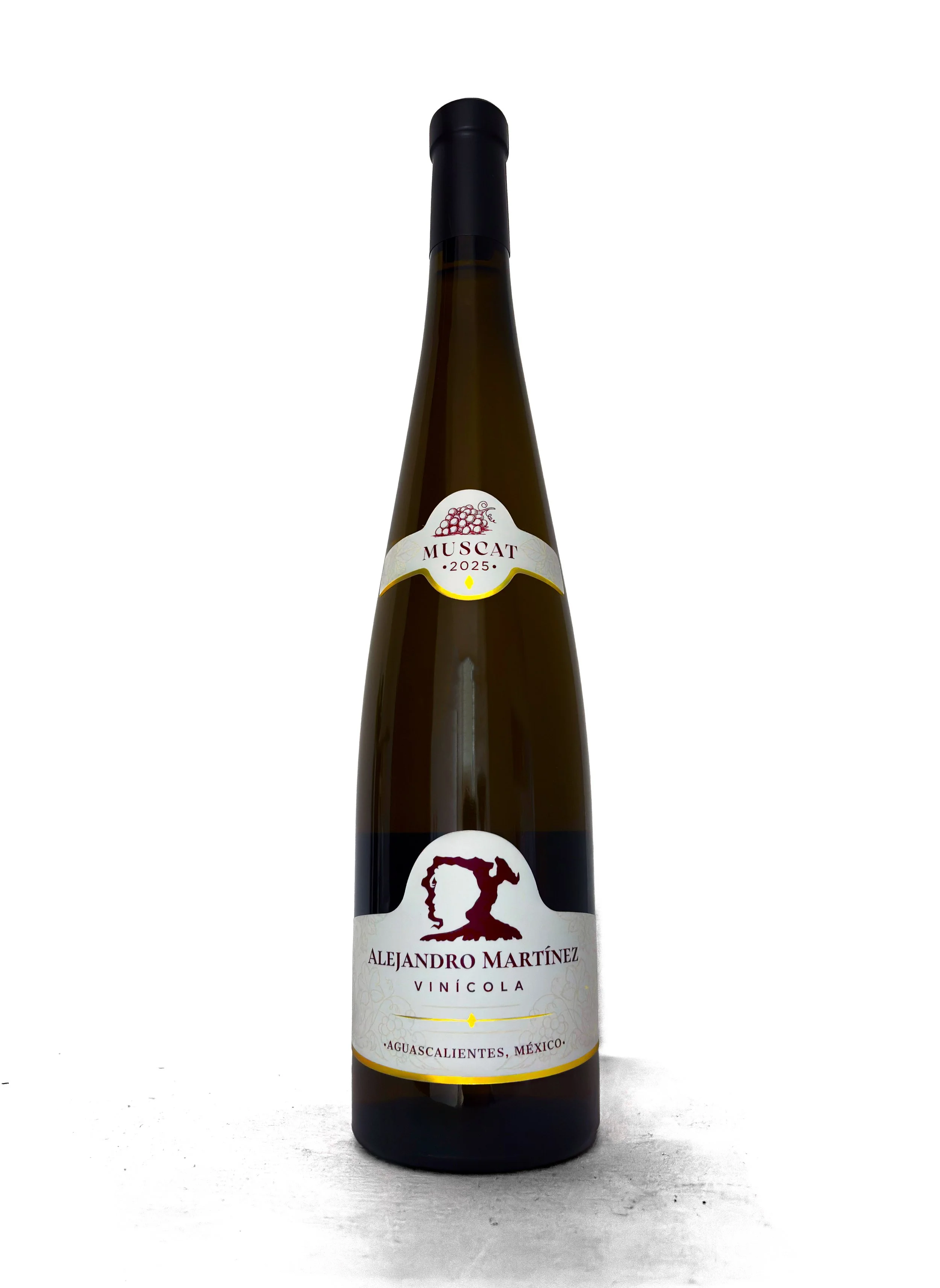 Botella de vino blanco Muscat 2025 de Alejandro Martínez, Aguascalientes