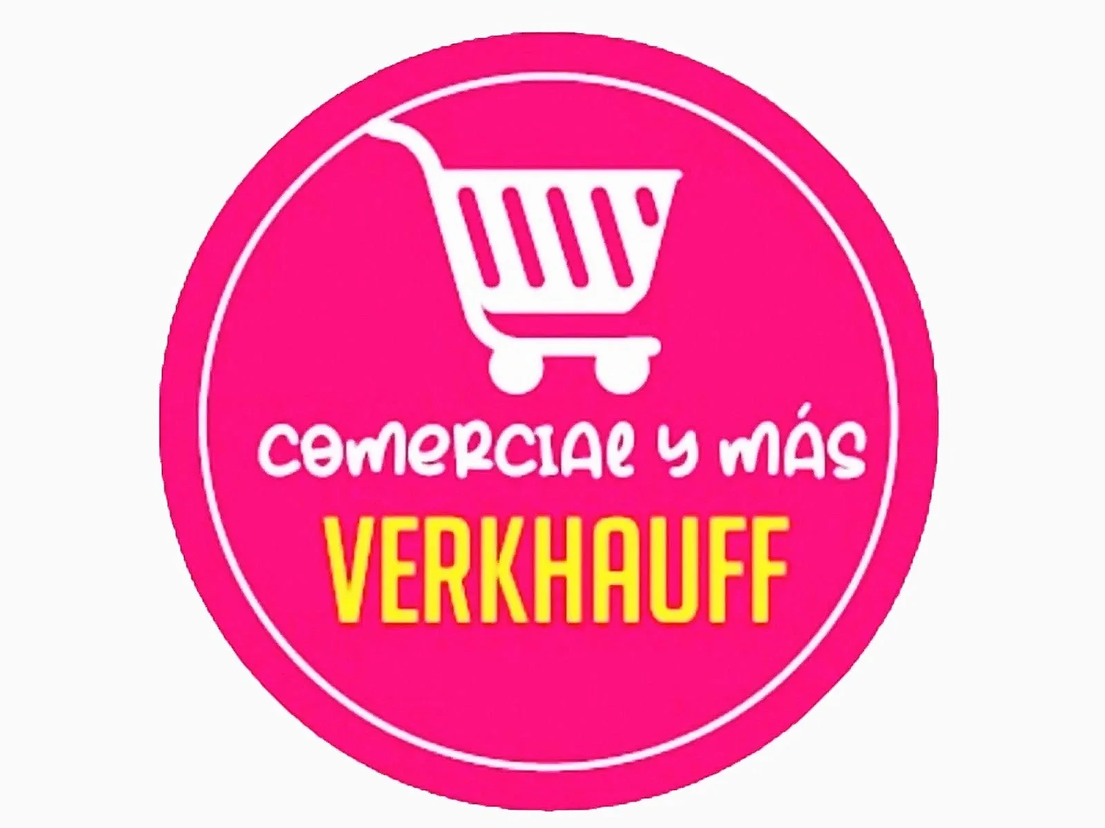 Logo circular rosa con carrito de compras y texto en español y alemán que dice 'comerciae y más' y 'Verkauf'.