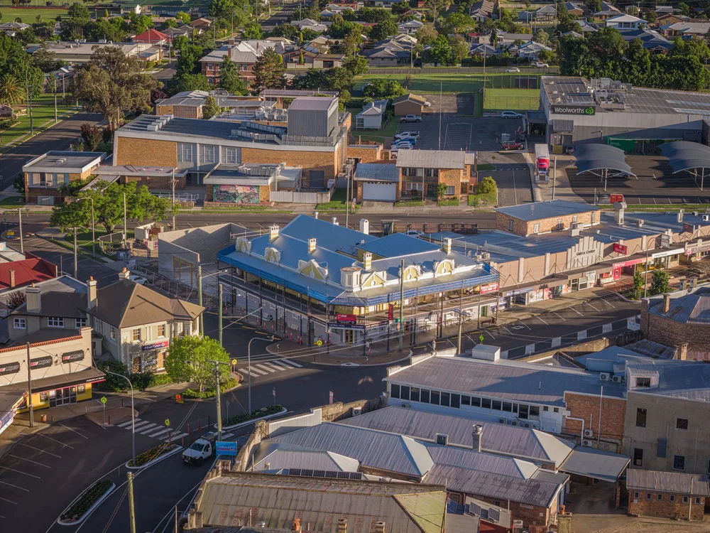 Aerial view over Stanthorpe, The Central Hotel