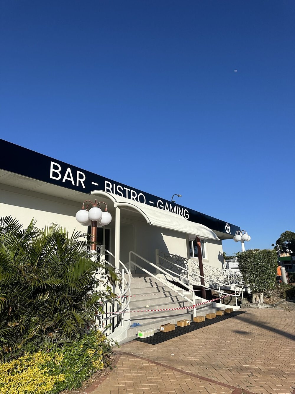 Entry stairs and signage, The Ox