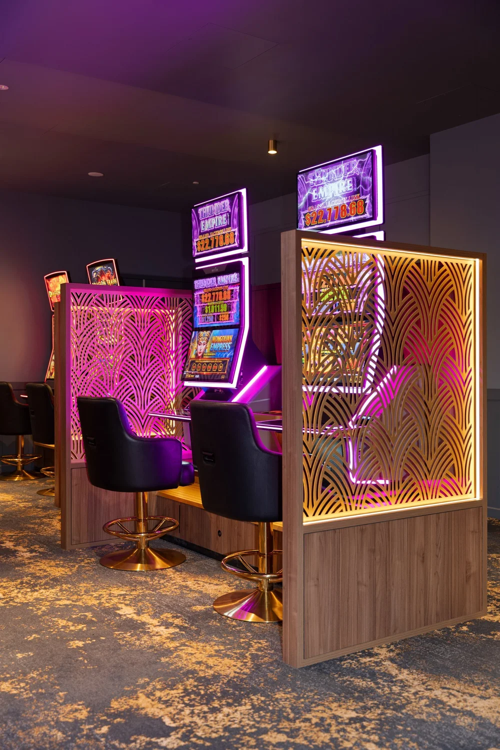 Gaming room screens and lit joinery, The Fairfield Hotel