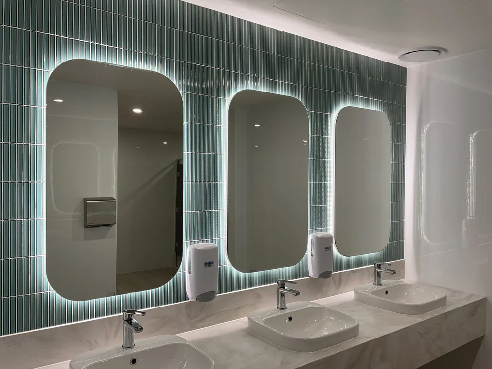New amenities with lit mirrors, Railway Hotel