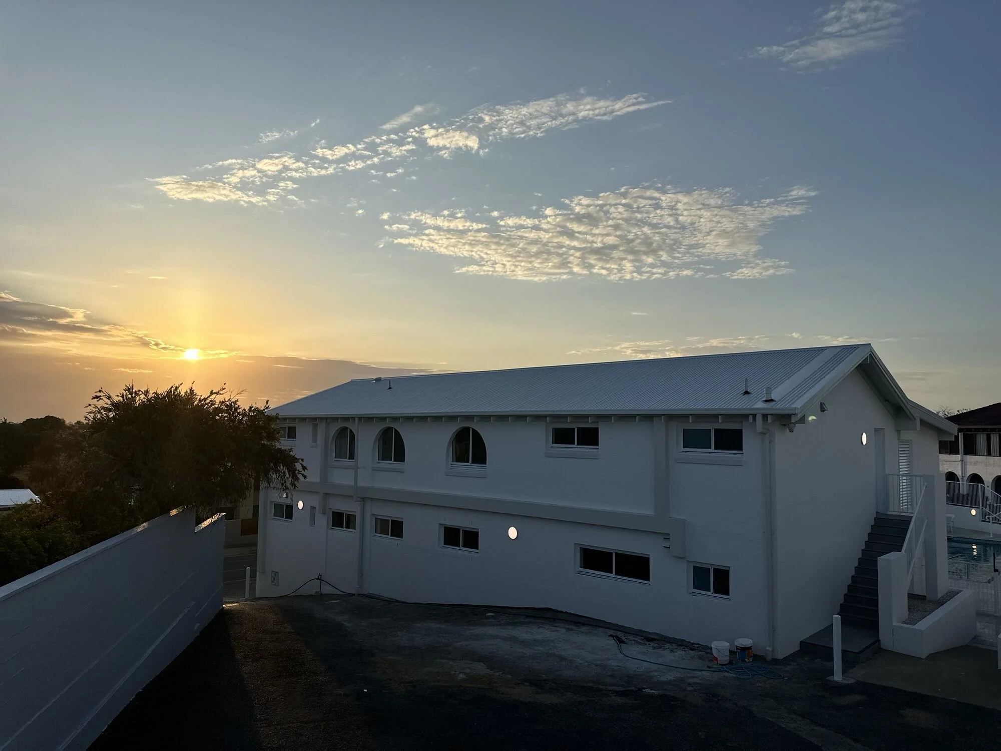 The finished building at sunset, Don Pancho by the Beach