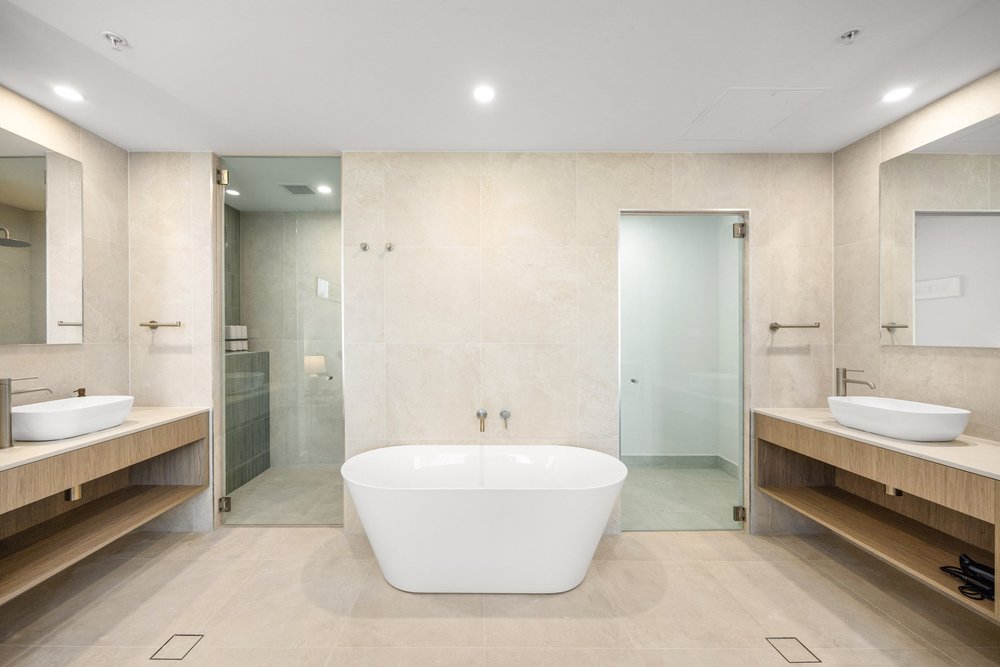 Bathroom with timber vanity, Pelican Waters Golf Resort