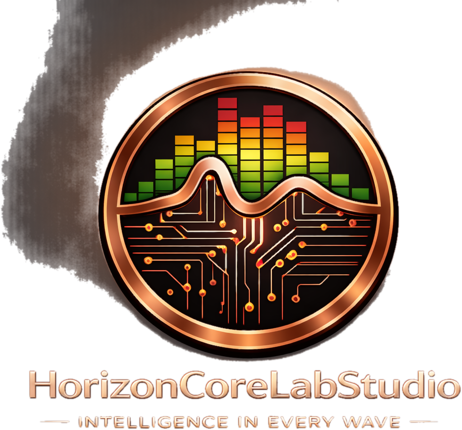HorizonCoreLabStudio logo with a circular emblem depicting colorful sound wave and circuit board design, and the tagline 'Intelligence in Every Wave'.