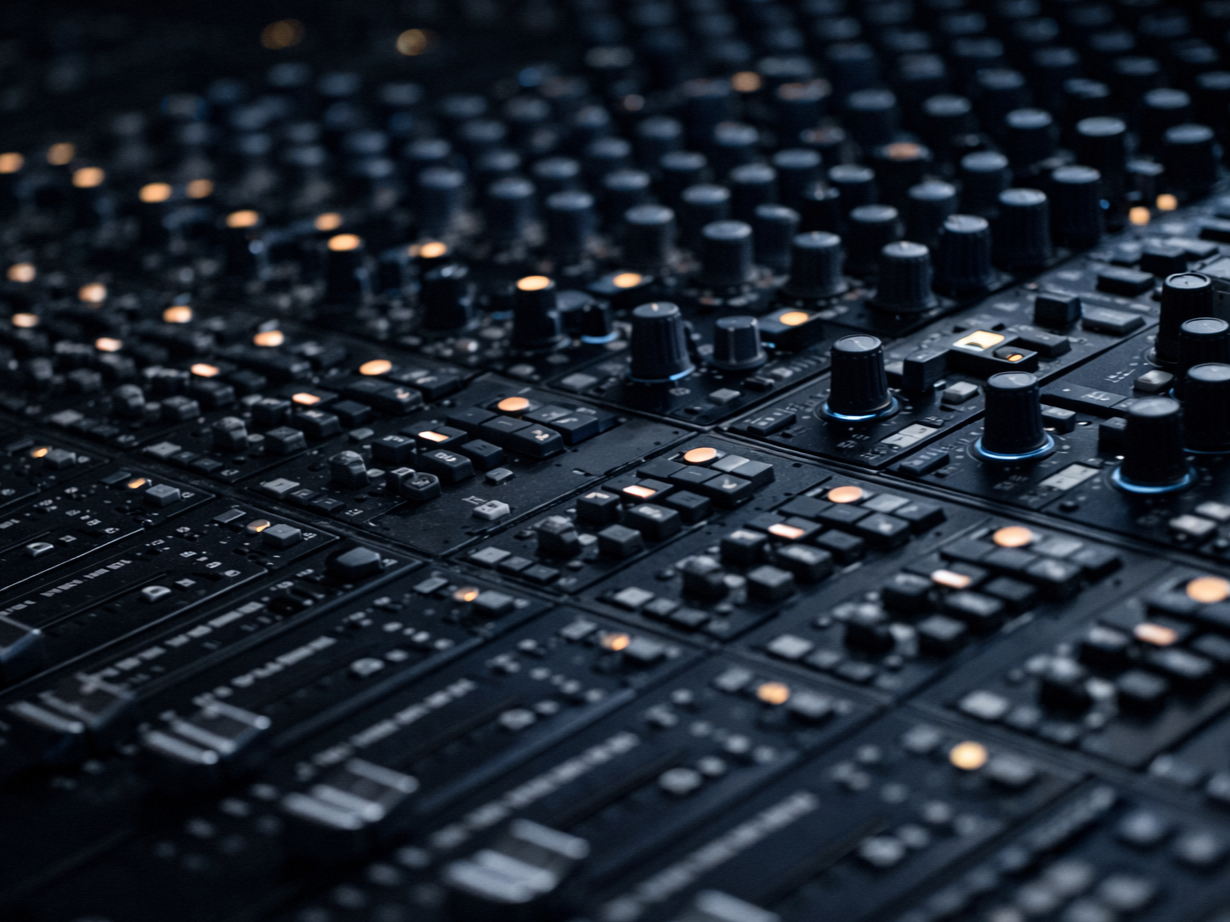 Close-up of a professional audio mixing console with numerous knobs, buttons, and faders, illuminated by small orange lights.