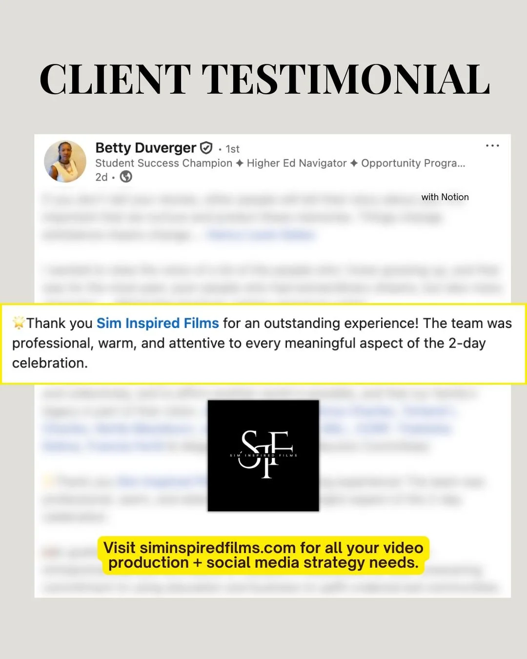 Testimonials like this remind us of why we do what we do. 

We don&rsquo;t just film events. We preserve legacies. We capture the details that matter, so our clients can relive their most meaningful moments for generations.

We&rsquo;re opening 2 slo