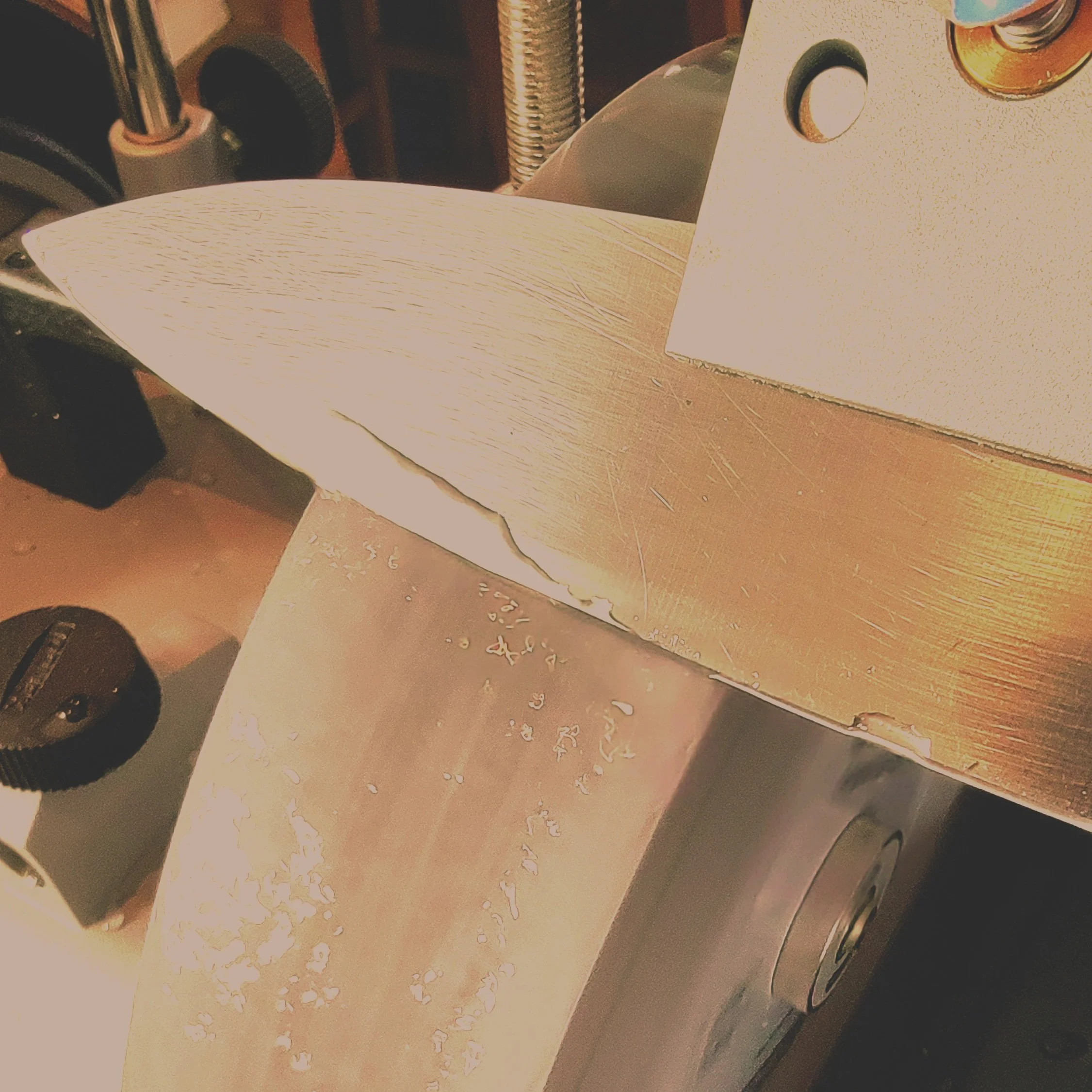 Close-up of a large metal saw blade cutting through a piece of wood, with wood shavings scattered around.
