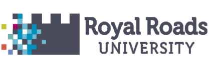 Logo for Royal Roads University with a pixelated globe icon and text