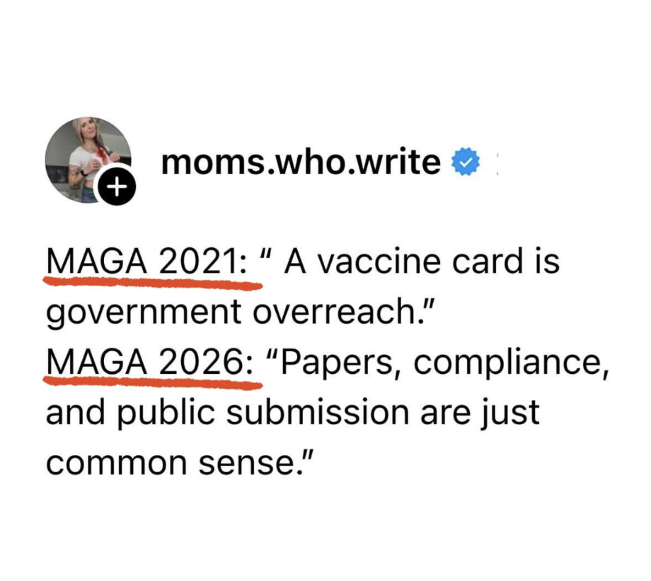 A screenshot of a social media post from the account moms.who.write. The post quotes two statements attributed to MAGA during the years 2021 and 2026, discussing vaccine cards and public compliance, with the words underlined in red.