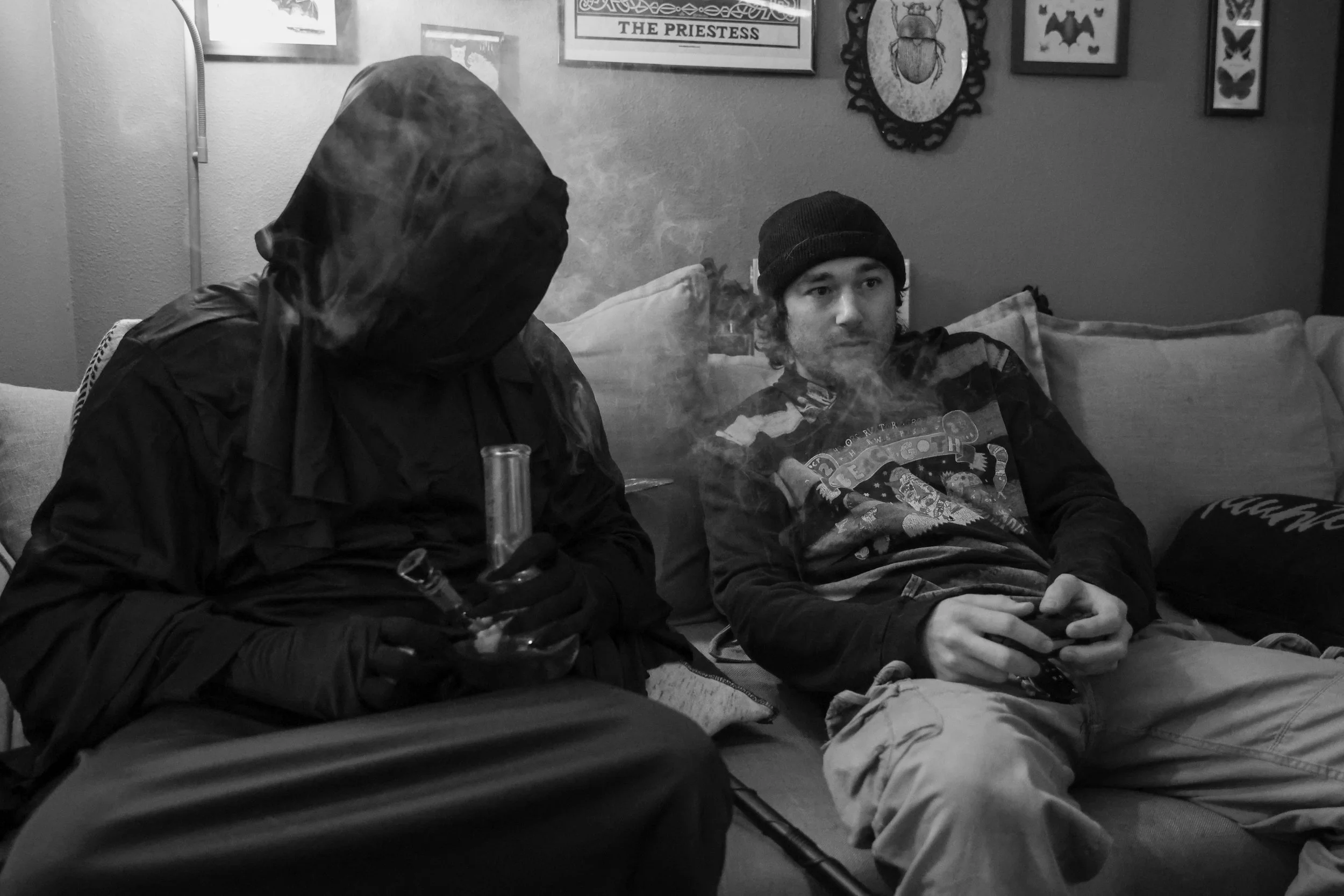 Two young men sitting on a couch; one wears a hoodie and gloves, holding a bong, with smoke around him; the other wears a beanie, casual clothes, and holds a remote. The background shows framed pictures, including insects and bats, on the wall.