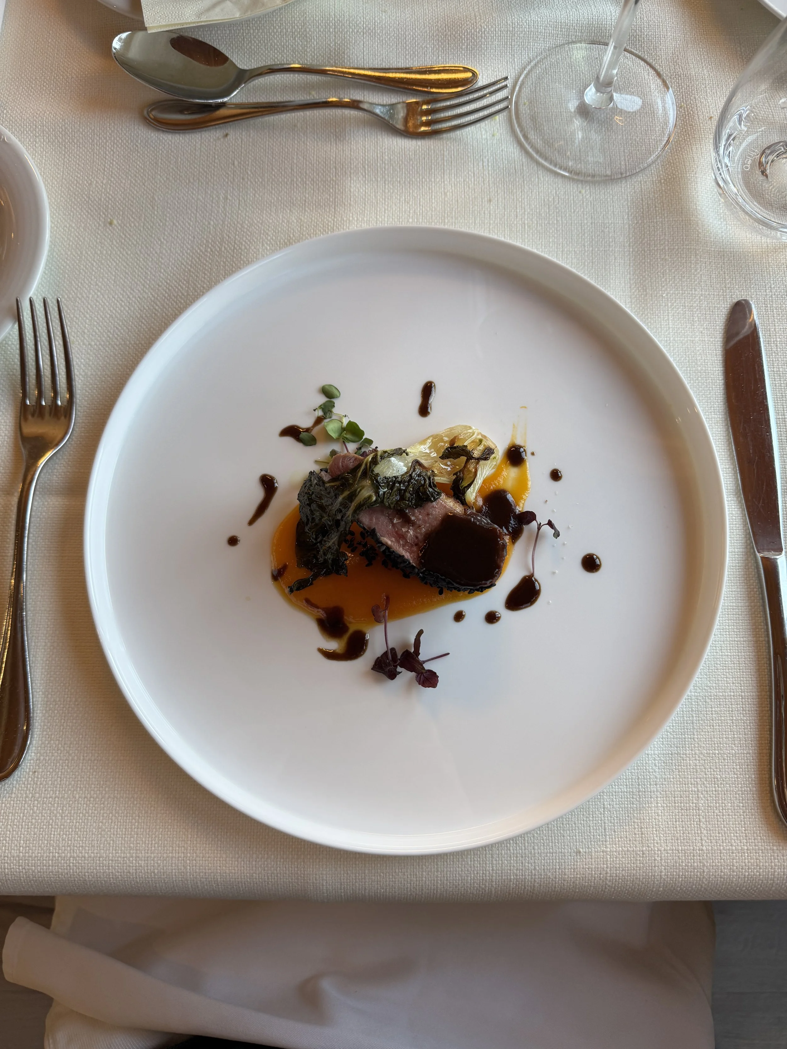 A gourmet plated dish with a small portion of seared meat topped with dark sauce, garnished with greens and a yellow sauce, served on a large white round plate.