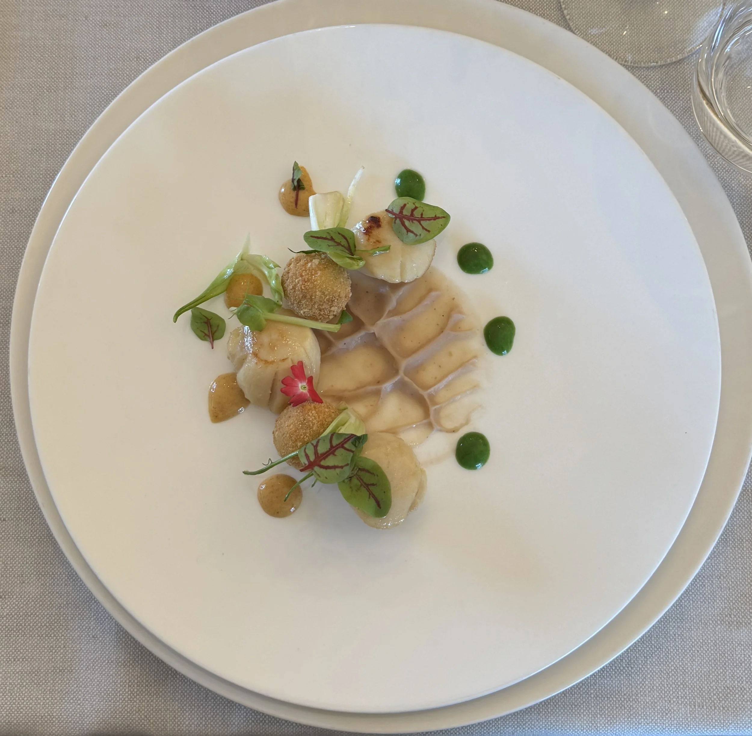 Elegant plated dish featuring a small fillet of fish topped with microgreens, edible flowers, and dollops of green sauce, served with roasted vegetables and artistic sauce drizzle on a white plate.