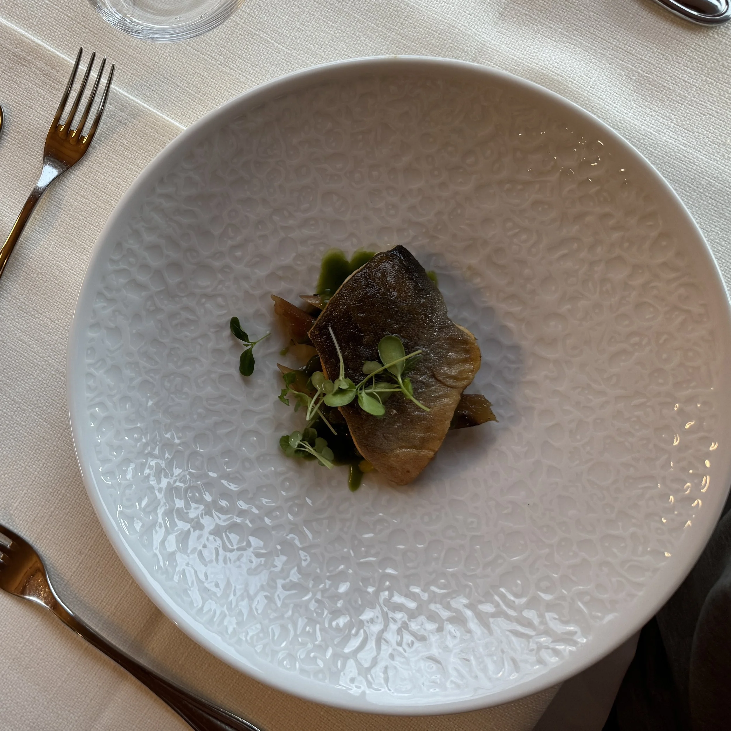 A plated dish with a piece of cooked fish garnished with microgreens on a textured white plate.