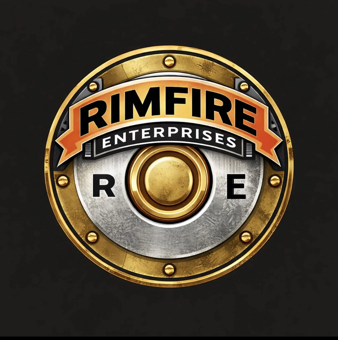 A circular badge with gold, silver, and black detailing displaying the words "RIMFIRE ENTERPRISES" with a central button and the letters R, O, and E positioned around it.