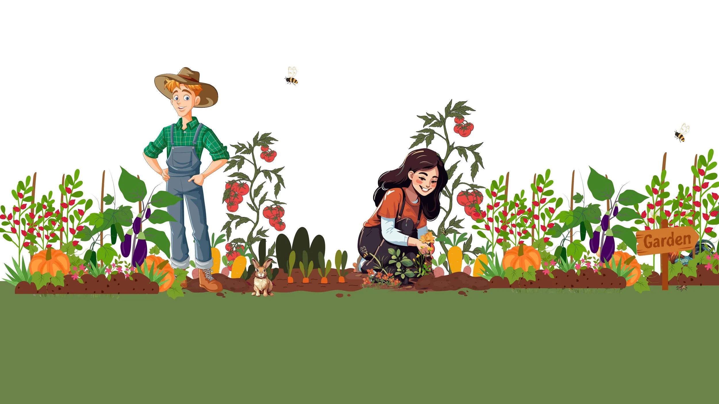 Two children gardening in a vibrant vegetable garden with pumpkins, tomatoes, eggplants, carrots, and peppers, with a small rabbit and bees flying around.
