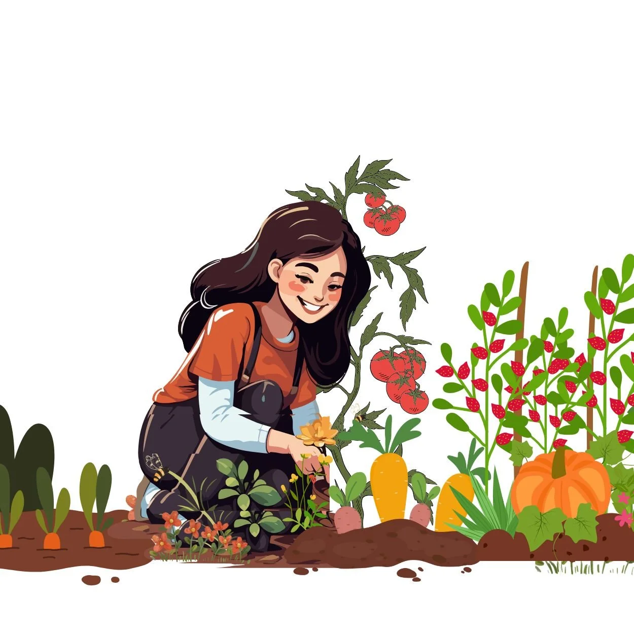 A cartoon of a brown haired lady working in a garden
