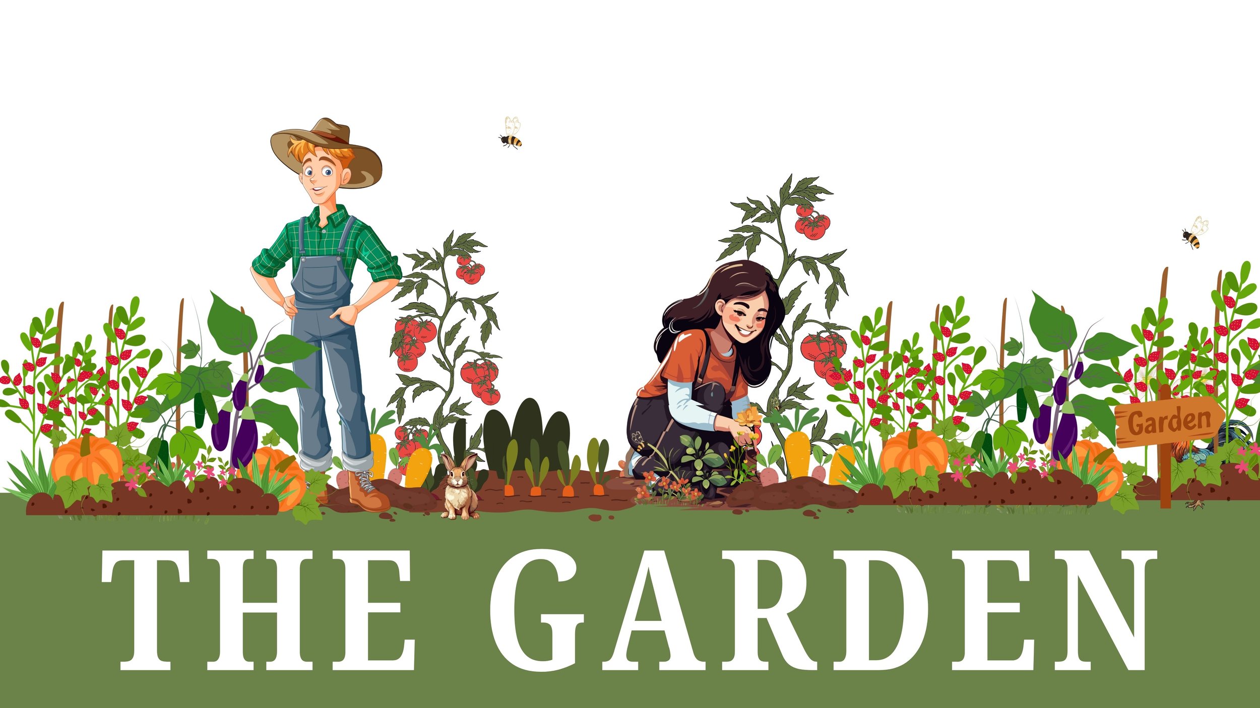 Illustration of a garden with a boy in overalls and a girl planting vegetables, surrounded by tomatoes, pumpkins, and other plants, with a sign reading 'Garden' and a rabbit and bees nearby, and the text 'The Garden' at the bottom.
