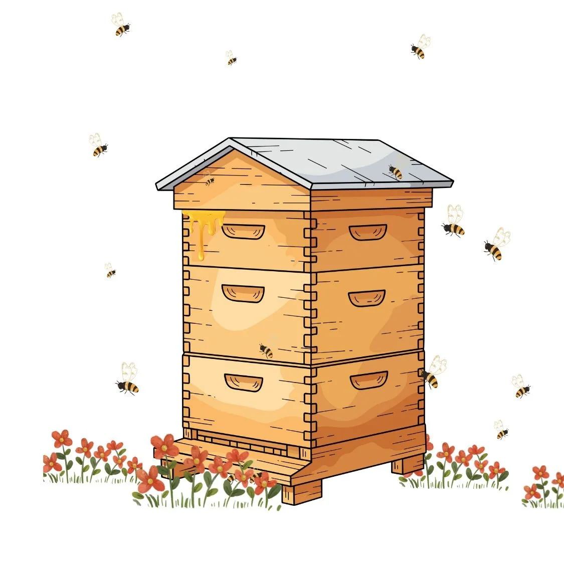 A bee hive surrounded by bees