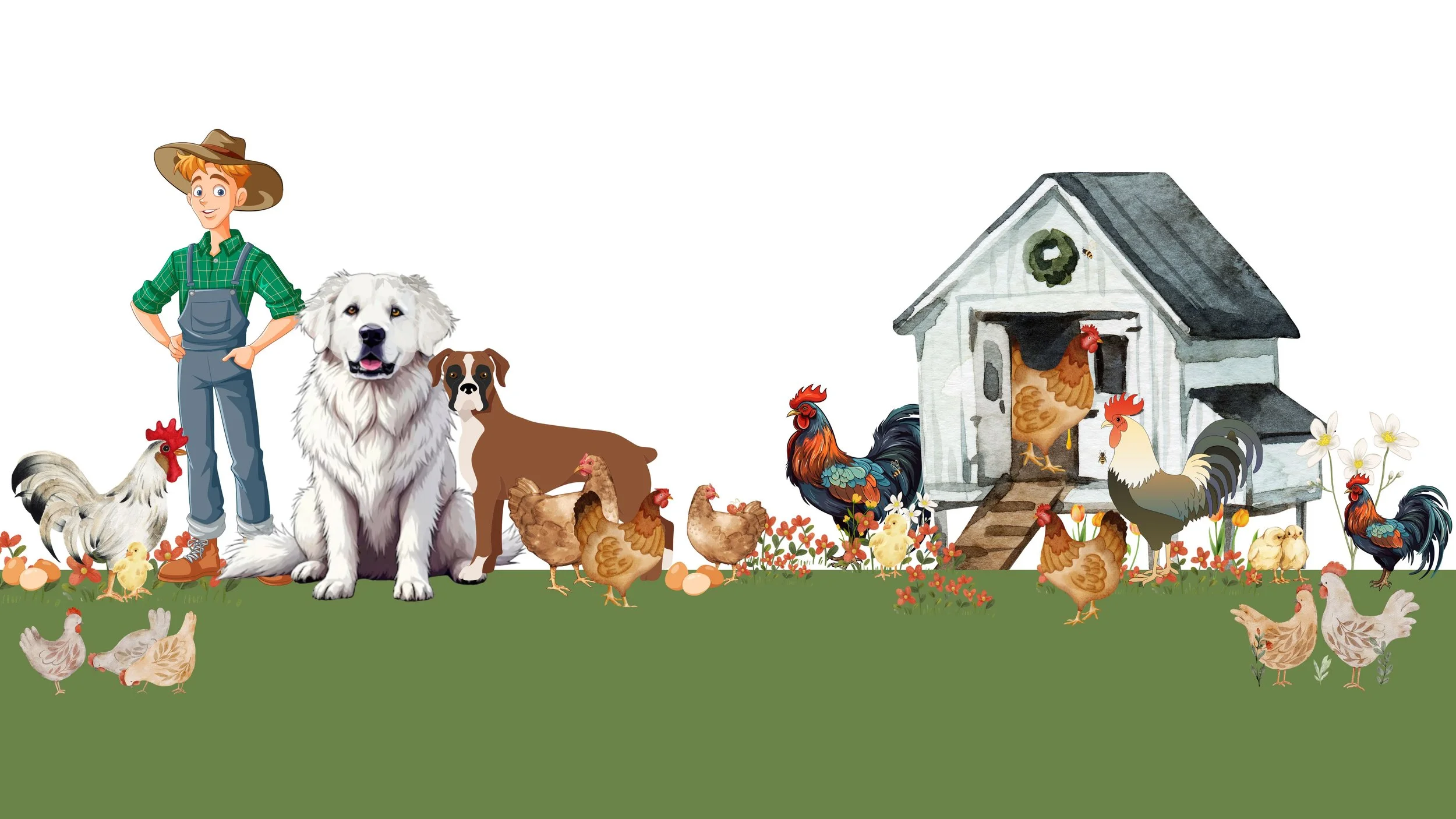 Cartoon Animals and Farmer in a Chicken Coop