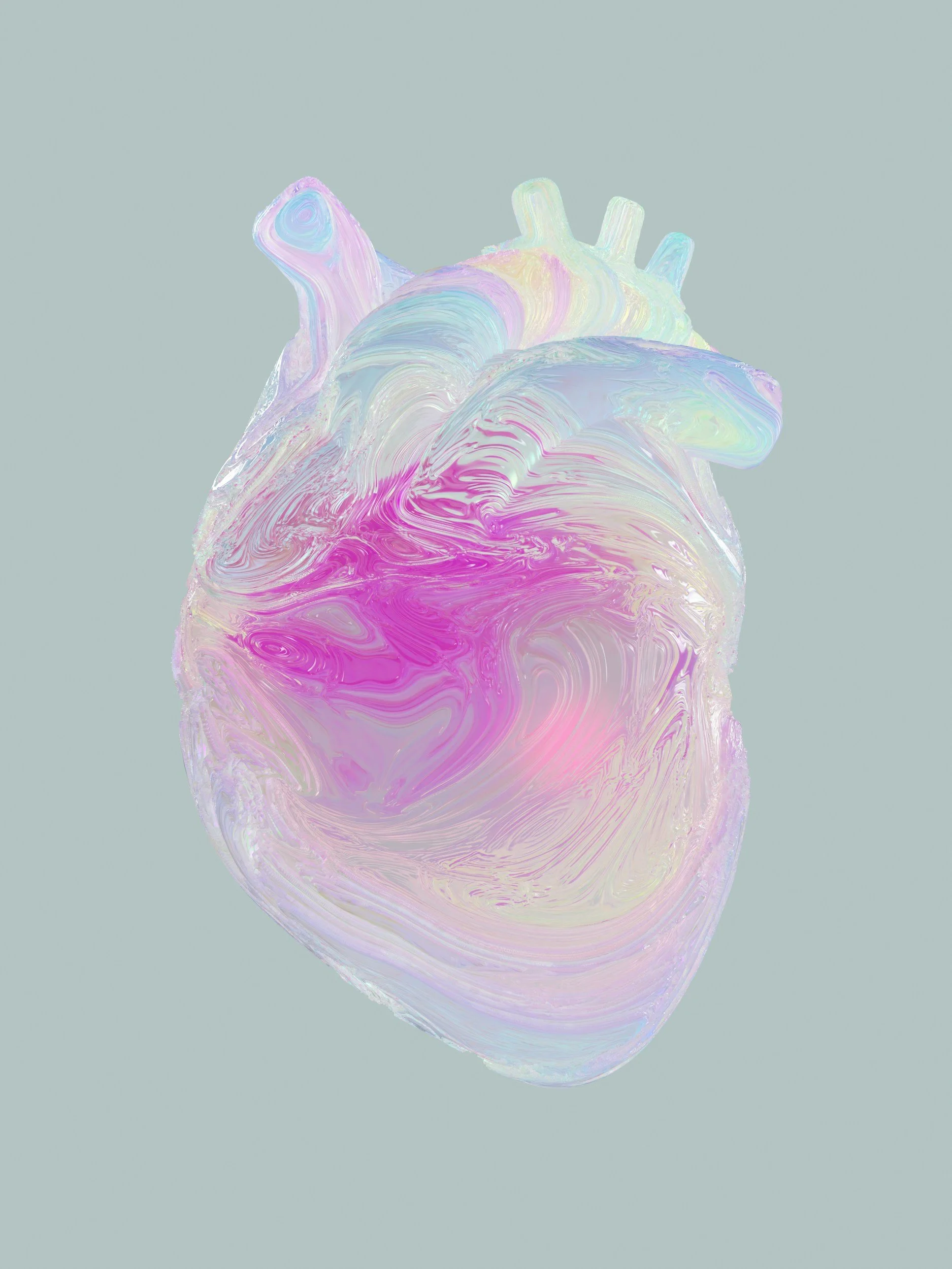 An abstract, colorful, and swirling artistic depiction of a human heart with pastel shades of pink, purple, blue, and yellow.