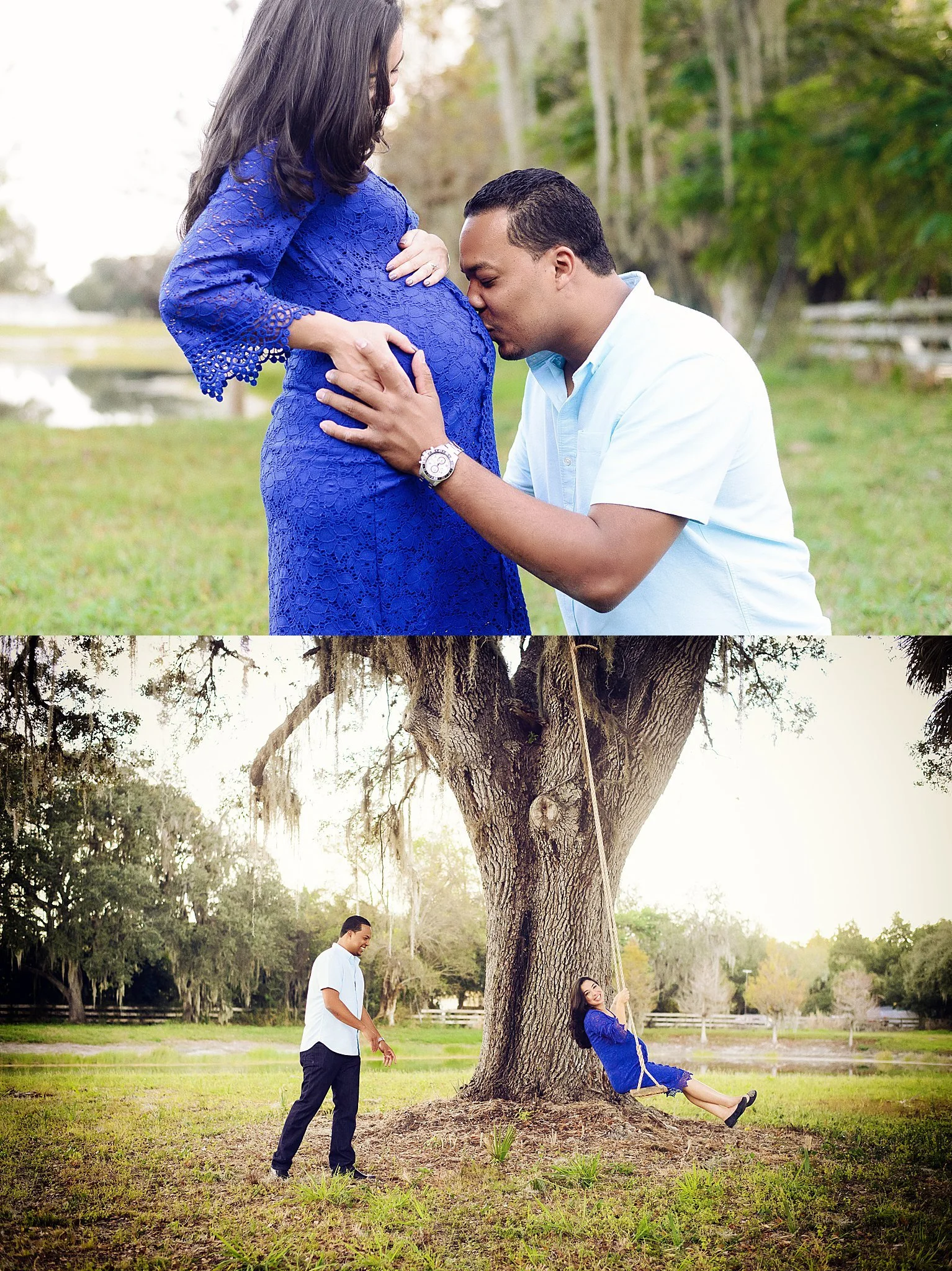 A couple in a park, the pregnant woman in a blue lace dress and the man in a white shirt with dark pants. The man is kneeling and kissing the woman's pregnant belly. In the second part, the woman is sitting on a swing hanging from a large tree, smili