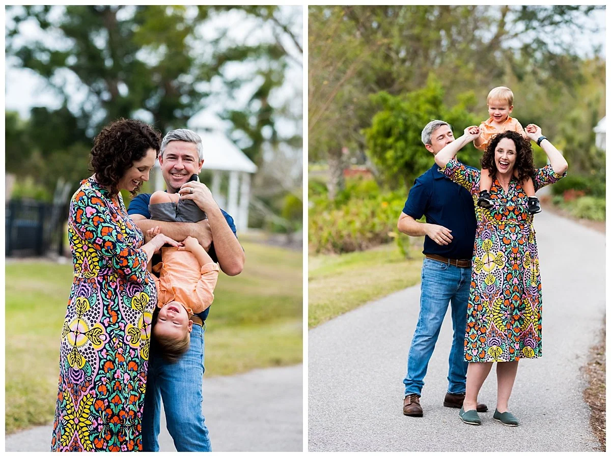 A family of four enjoying outdoor moments; in the first image, parents with two kids smiling and playing, and in the second, the woman carrying the young boy on her shoulders while the man stands beside her on a park path.