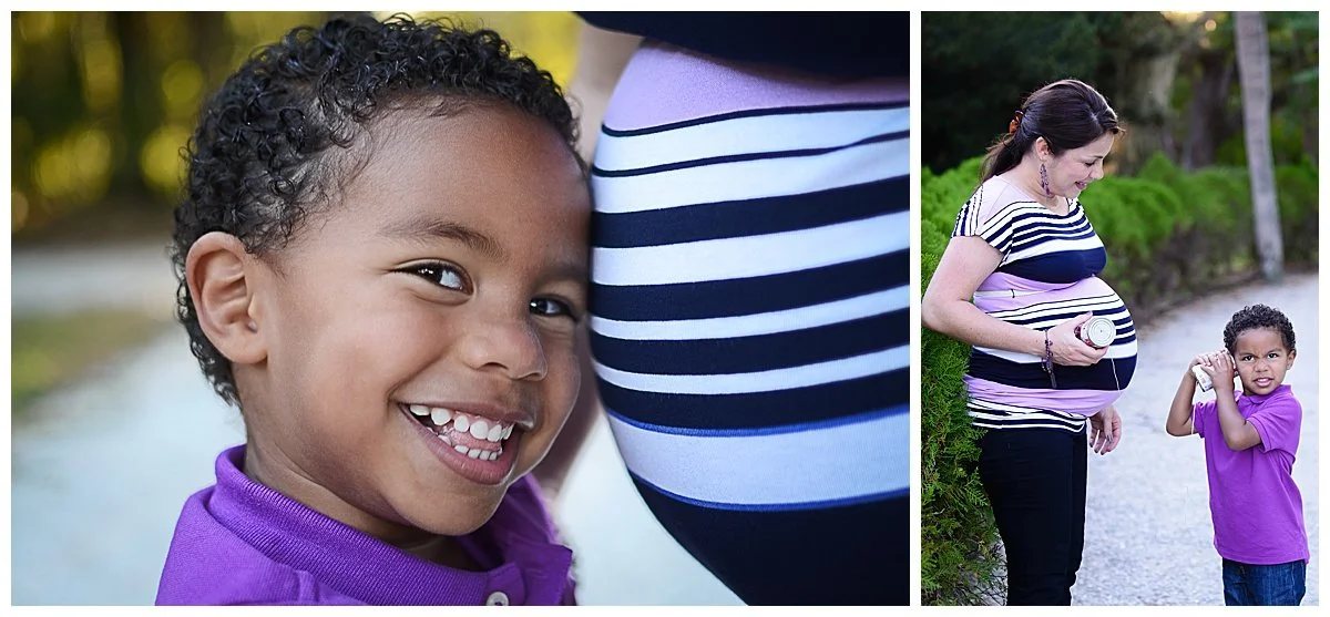 A smiling young girl and her pregnant mother outdoors on a path, with the mother holding a water bottle and the girl wearing a purple shirt.