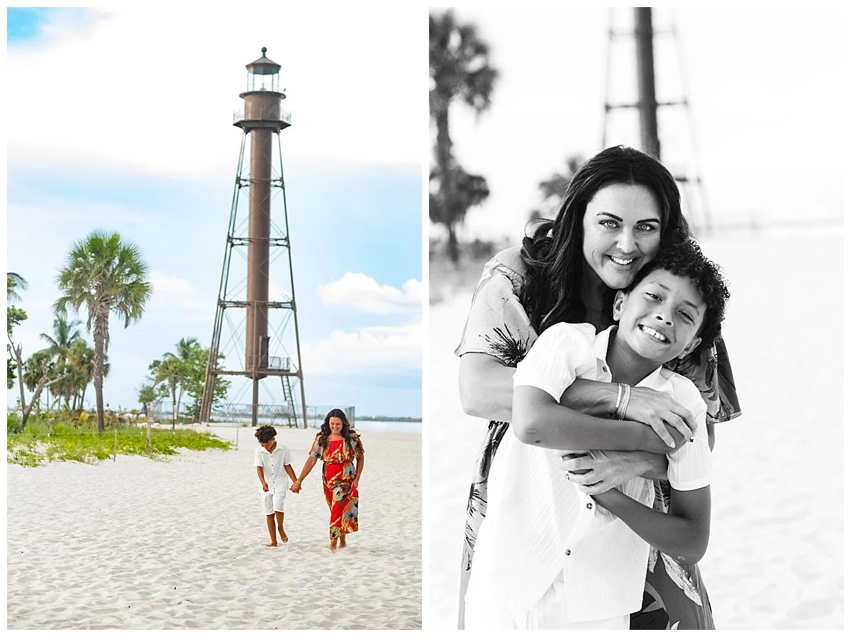 Mother and son walking along Sanibel Lighthouse Beach at sunset during a family photography session.