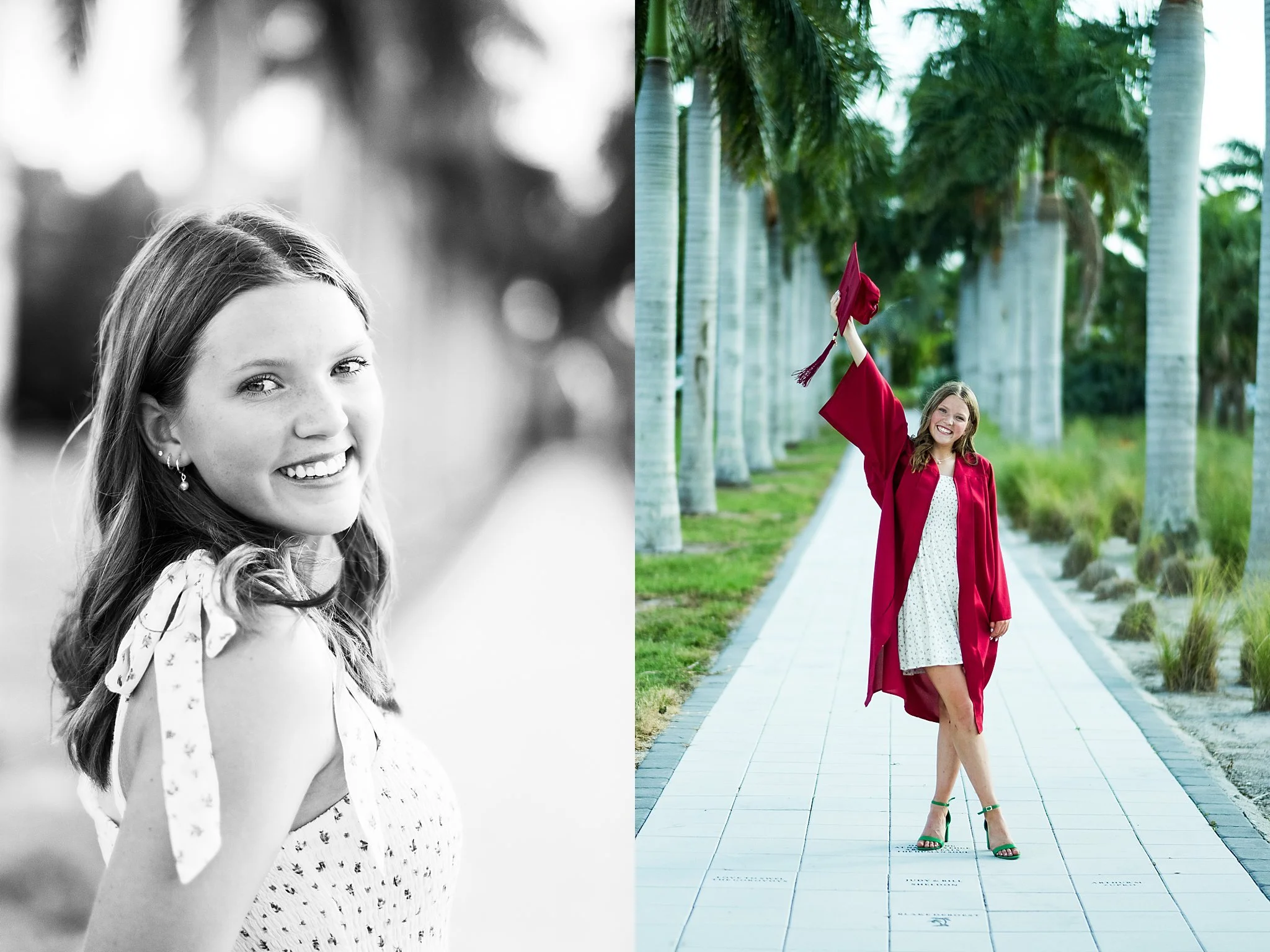 Side-by-side photos of a young woman, one in black and white smiling at the camera, and the other in color wearing a graduation gown and cap, holding the cap in the air in a tropical outdoor setting with palm trees.