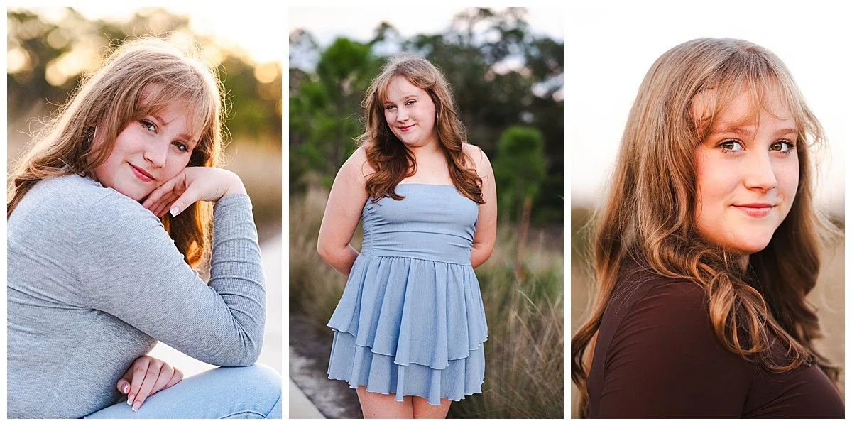 Three portraits of a young woman with long, light brown hair, wearing different outfits, posing outdoors in nature during golden hour.