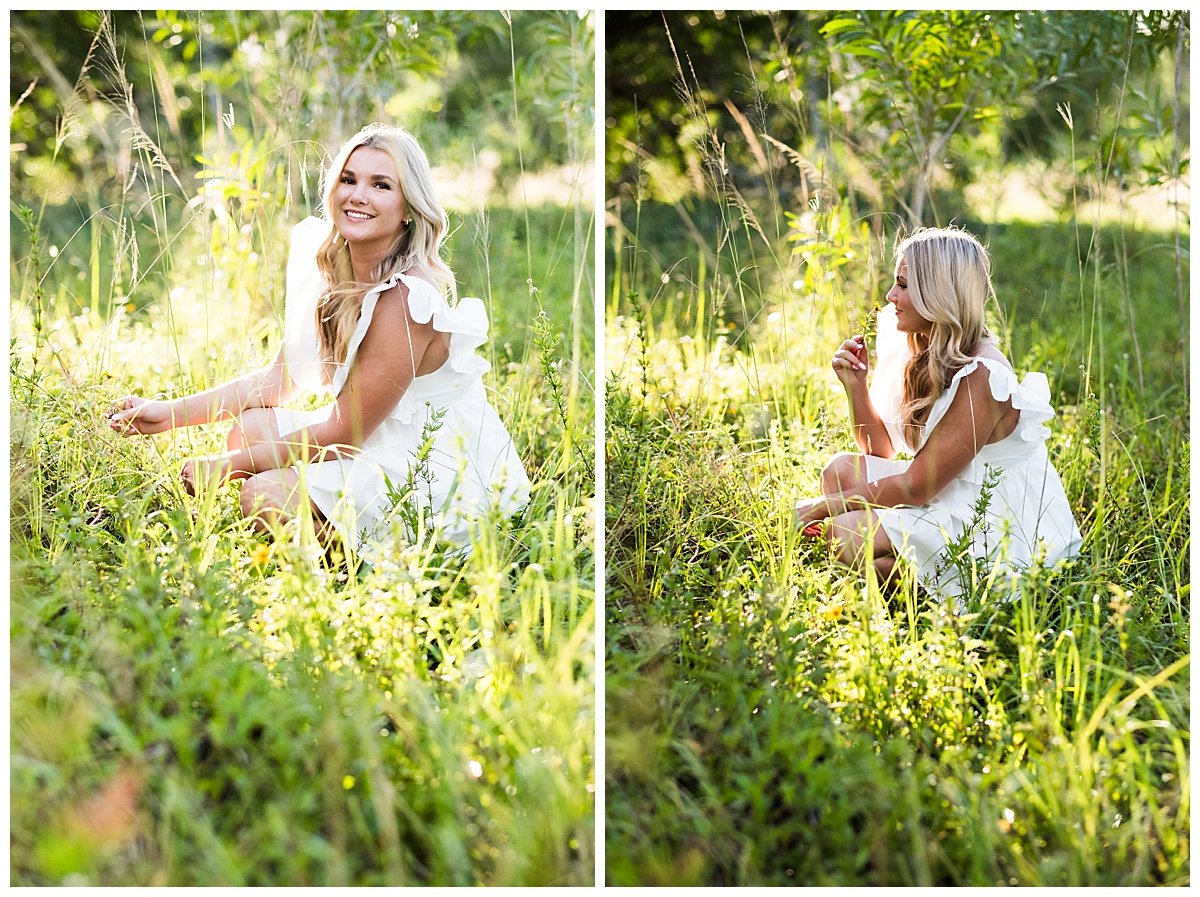 A blonde woman in a white dress sits in a grassy field, smiling in the left photo and gently holding a flower in the right photo, with sunlight filtering through the greenery.