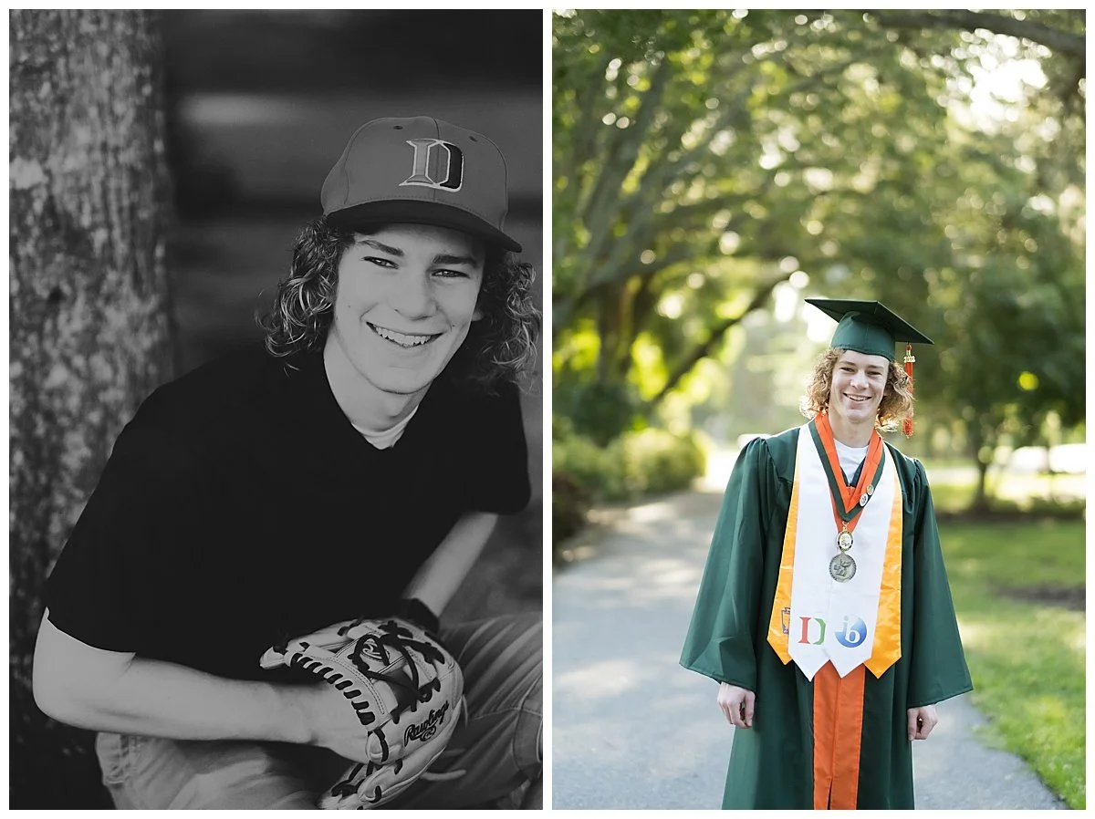 Side-by-side photos of a young man. On the left, a black-and-white portrait of him smiling, wearing a baseball cap and glove. On the right, a colorful image of him in a graduation cap and gown with medals, outdoors with trees in the background.