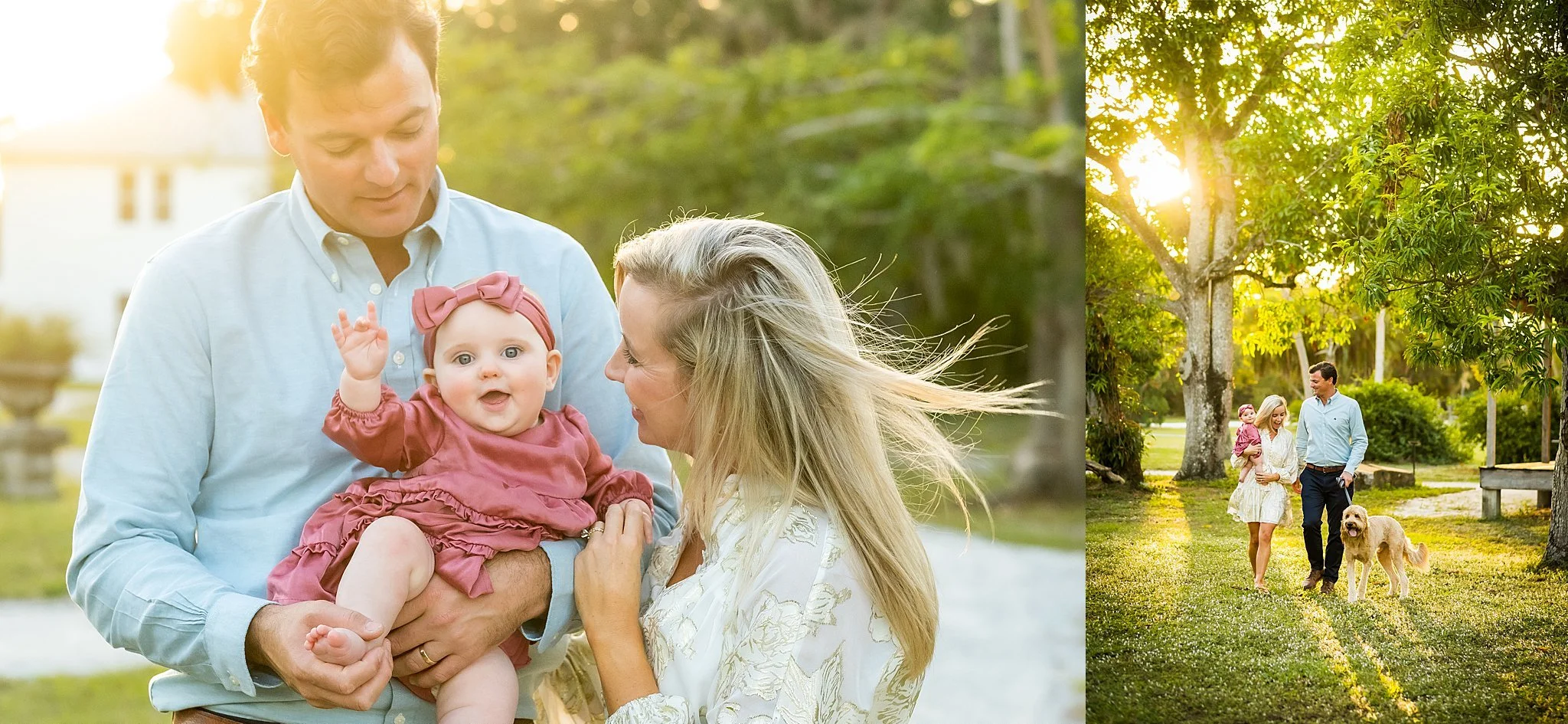 Family of three with a baby girl outdoors in a park during sunset, with trees and greenery in the background.