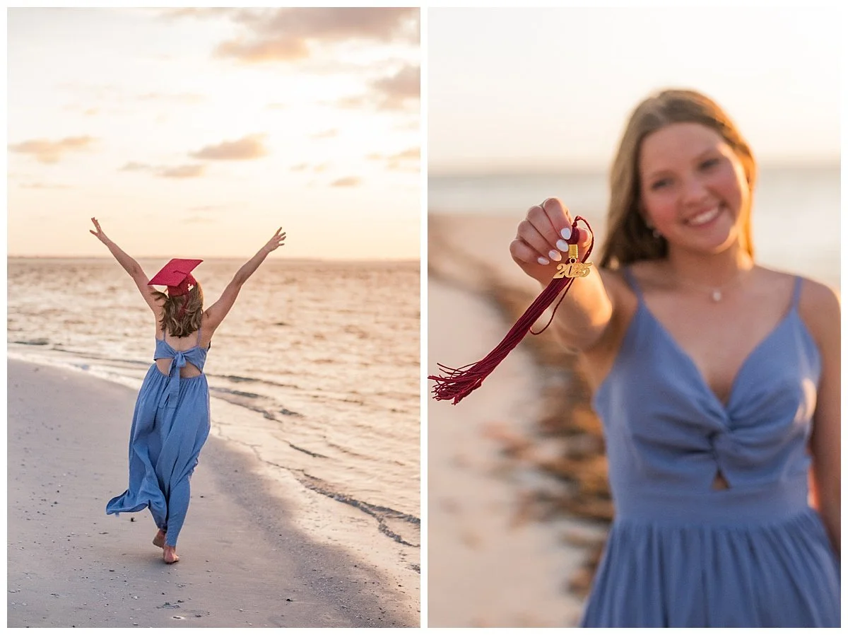 A young woman in a blue dress celebrating her graduation on the beach at sunset, holding a graduation tassel with the year 2023. She is smiling and walking along the shoreline with her arms raised.