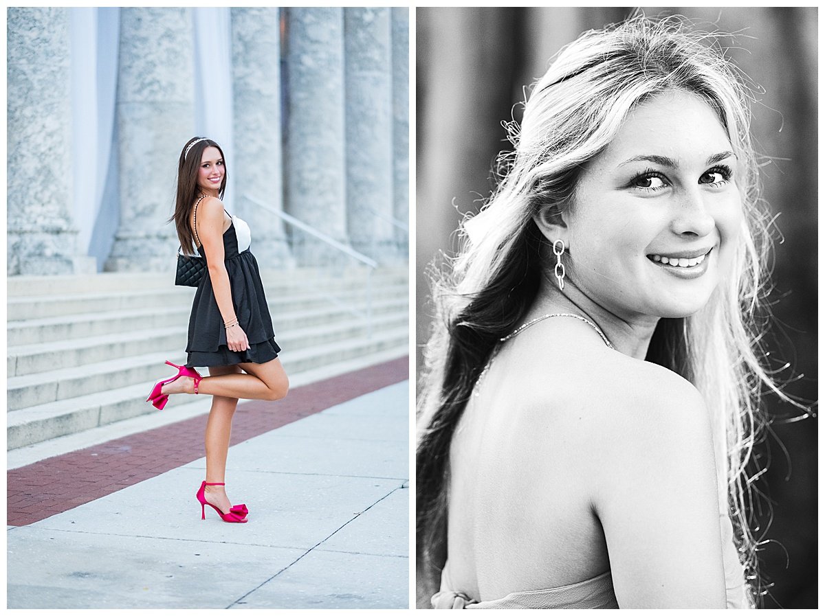 Side-by-side portrait of a young woman: on the left, standing outdoors on steps, wearing a black dress, pink high heels, and a headband, smiling and posing with one leg lifted; on the right, a close-up portrait in black and white, smiling with wavy h