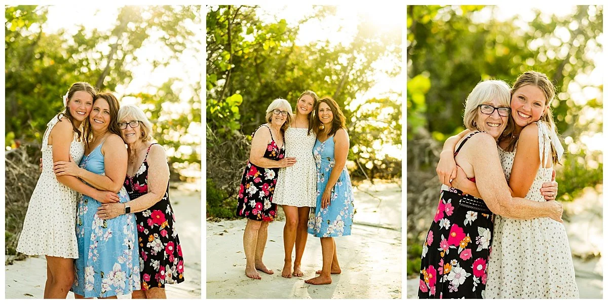 Three women of different ages standing on a beach with trees in the background, smiling and hugging each other in three photos.