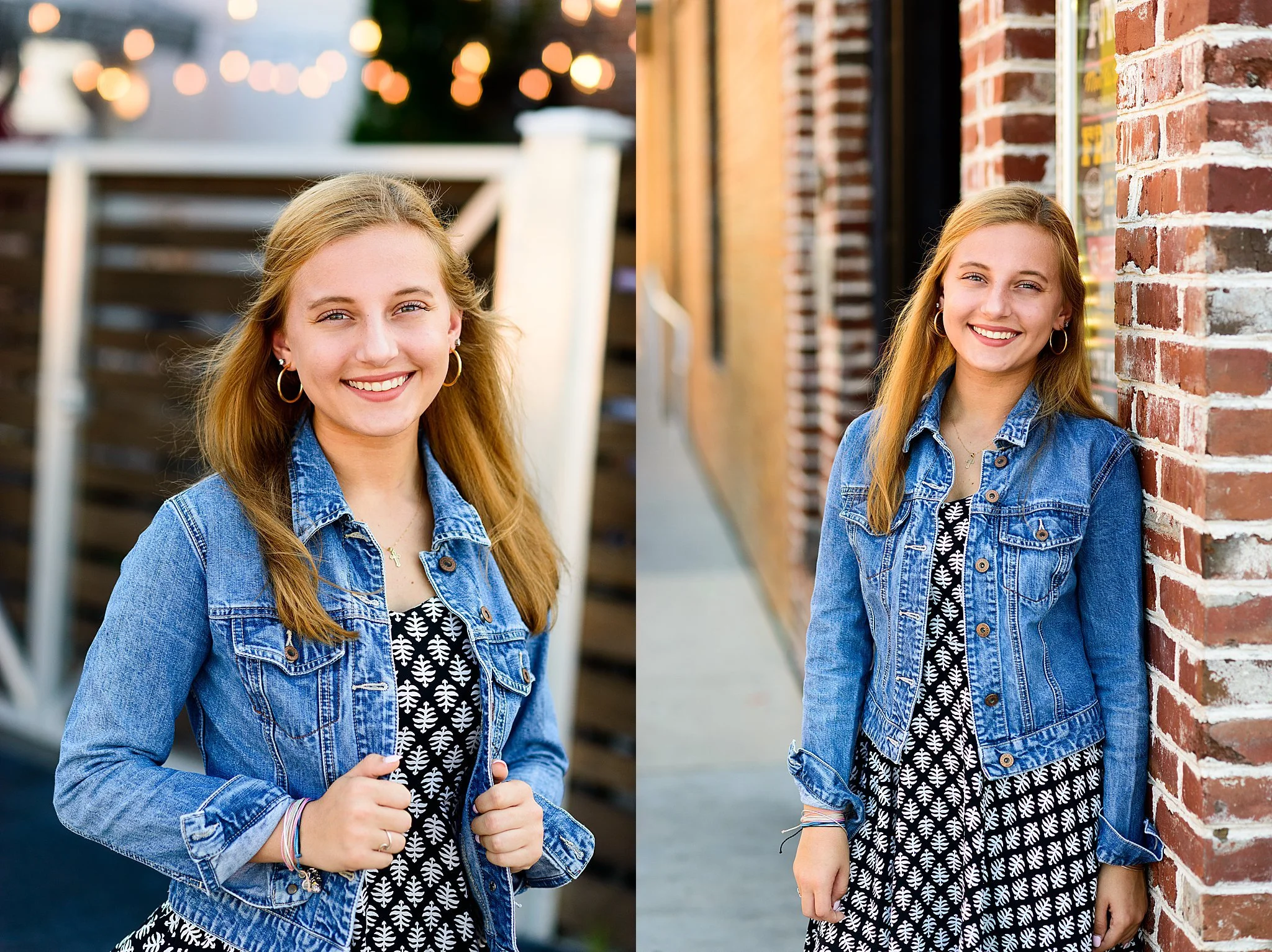 Side-by-side portraits of a young woman with long, blonde hair, smiling, wearing a blue denim jacket over a black and white patterned dress, standing outdoors near a brick building and a wooden fence with lights in the background.