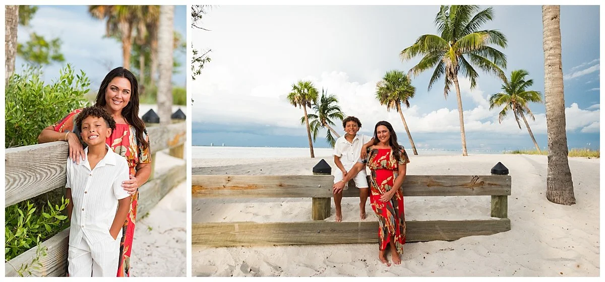 Mom and son smiling together on the beach at Sanibel Lighthouse Beach near Fort Myers, Florida.