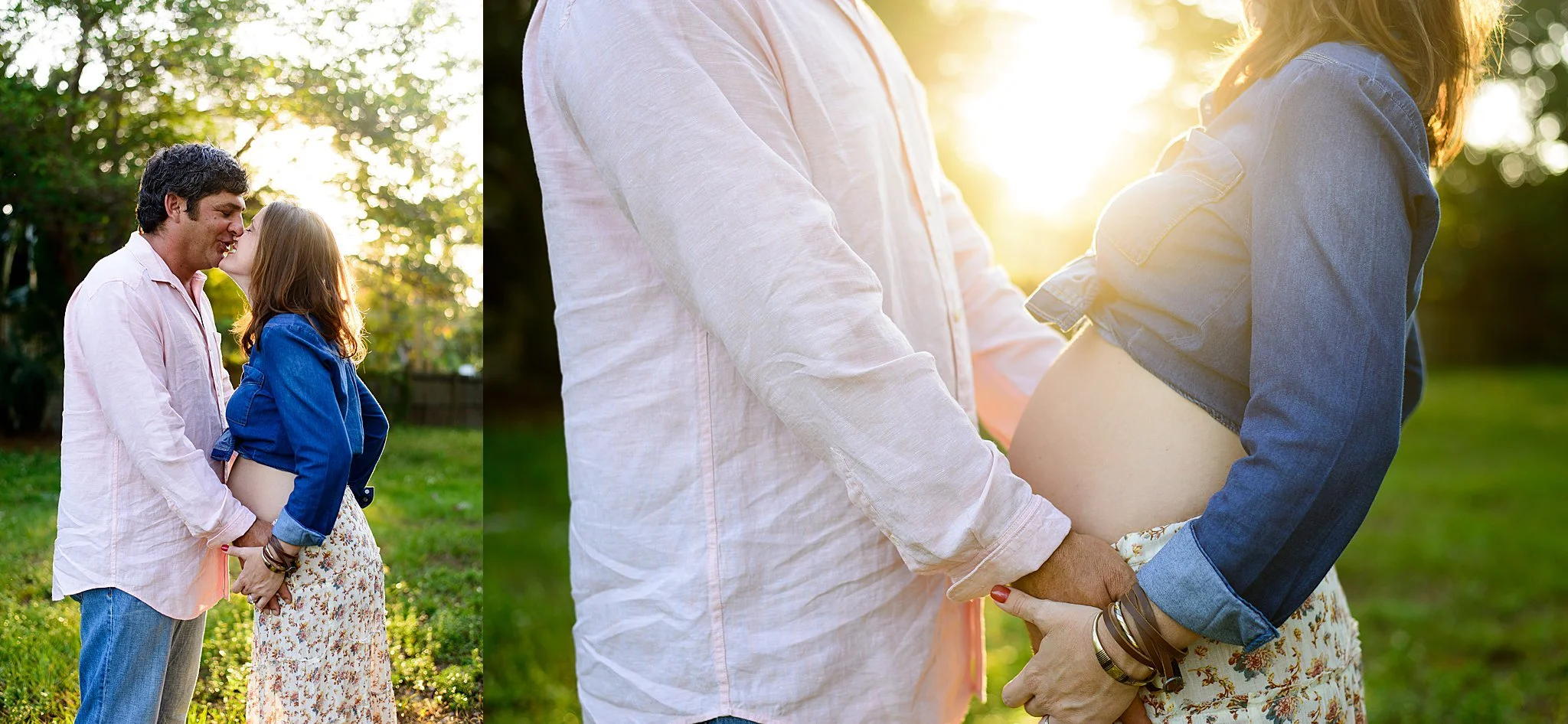 A couple holding hands, with a pregnant woman and a man, outdoors in a park during sunset, smiling and sharing a tender moment.