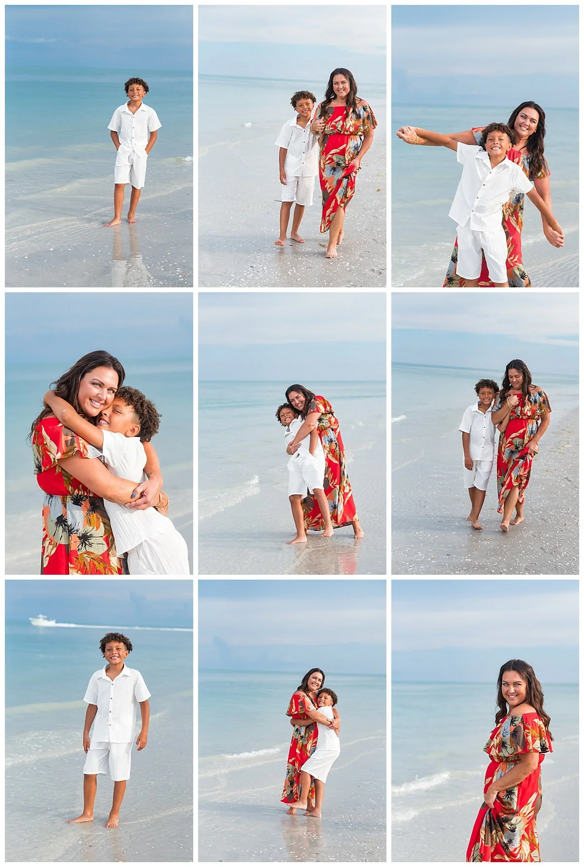 Mom and son smiling together on the beach at Sanibel Lighthouse Beach near Fort Myers, Florida.