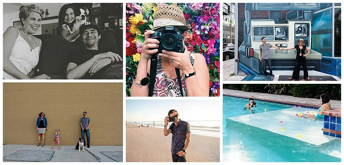 Collage of six photos including two people taking photos at the beach, a woman with a camera posed in front of flowers, a man and woman standing by a mural holding hands, a woman and girl with dogs in front of a yellow wall, a woman and a girl with dogs in front of a yellow wall, and a woman swimming in a pool.