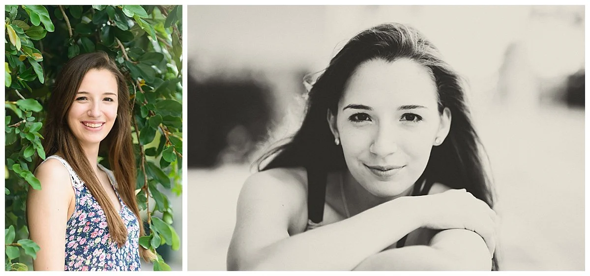 Side-by-side photos of a young woman, one in color smiling outdoors near greenery, and the other a black-and-white close-up portrait with her arms crossed.