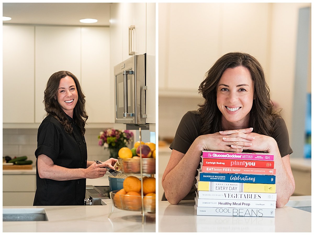 A woman with dark wavy hair smiling in a kitchen holding a fork, on the right side, the same woman resting her chin on a stack of colorful cookbooks, smiling at the camera.