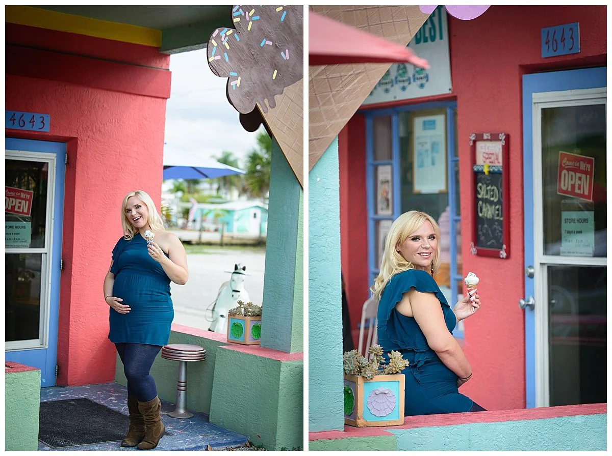 A blonde woman in a blue dress and brown boots holding an ice cream cone, standing outside a colorful ice cream shop. In the second image, she is sitting inside the shop, holding her ice cream, with a cheerful expression.